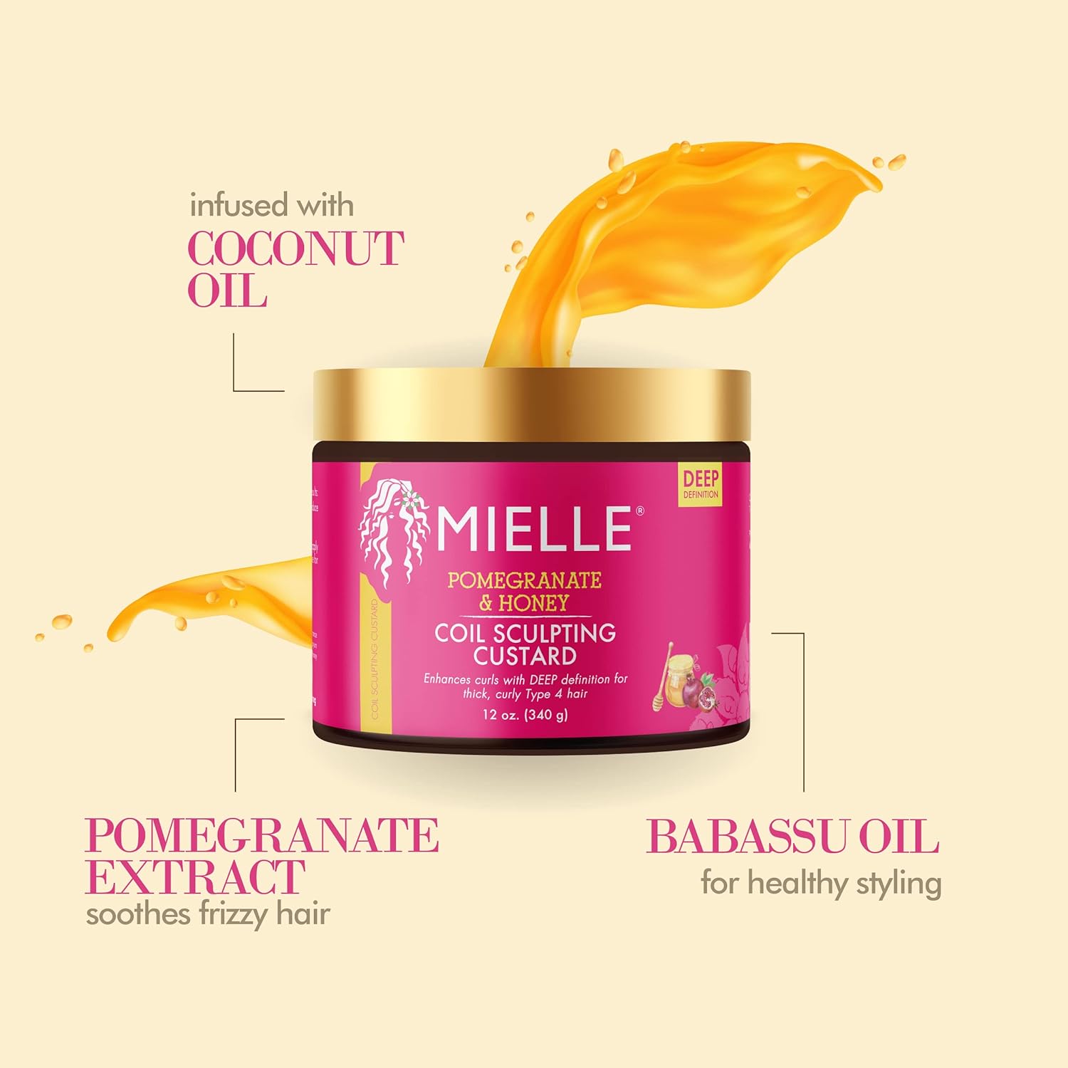 Mielle Organics Pomegranate & Honey Sculpting Custard, Natural Styling Cream Plus Moisture, For Curl, Wave, & Coil Definition for Natural or Relaxed Type 4 Hair, 12-Fluid Ounces