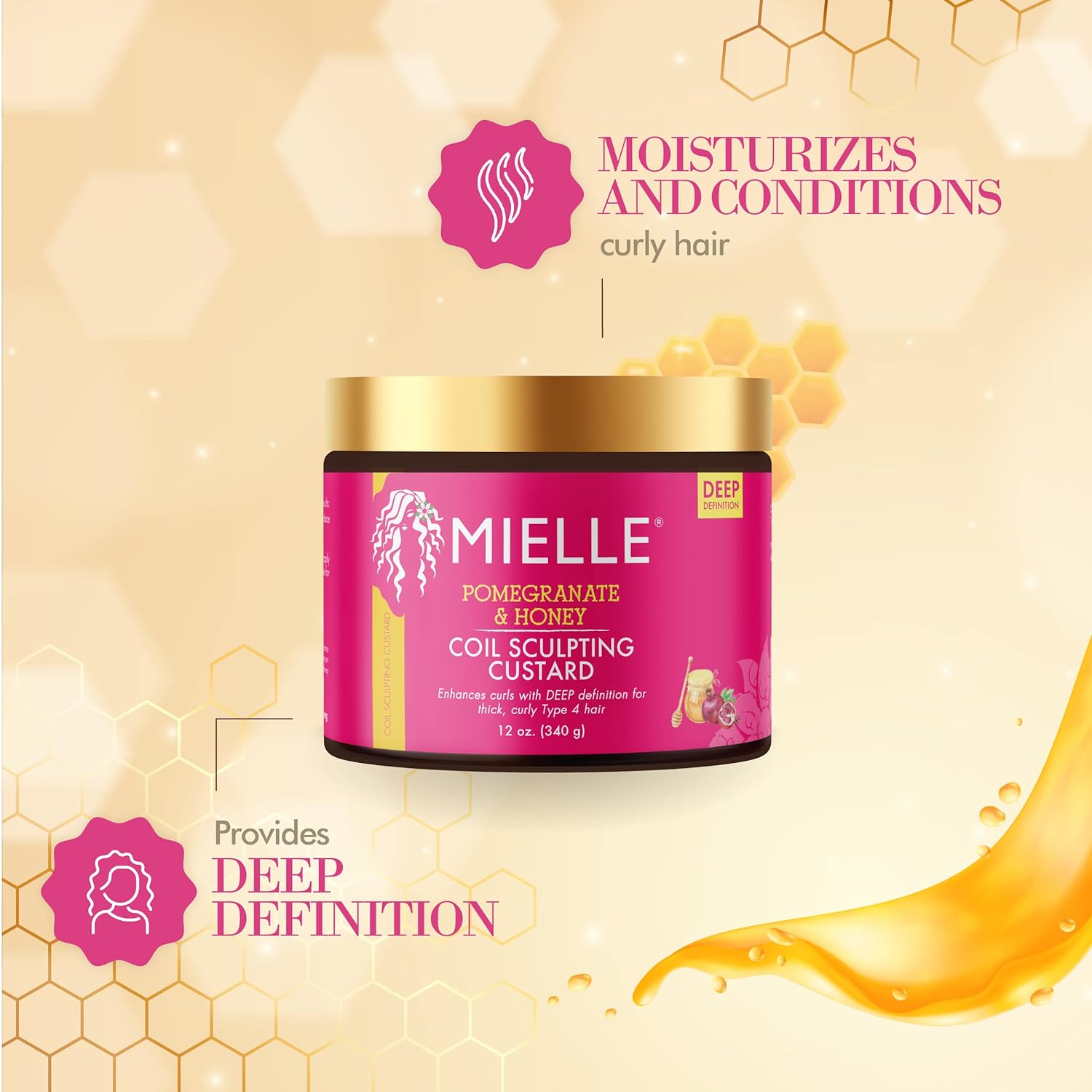 Mielle Organics Pomegranate & Honey Sculpting Custard, Natural Styling Cream Plus Moisture, For Curl, Wave, & Coil Definition for Natural or Relaxed Type 4 Hair, 12-Fluid Ounces